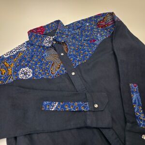 Betty's Collections Button Up Shirt Men L Blue‎ Ankara Wax Print African Style